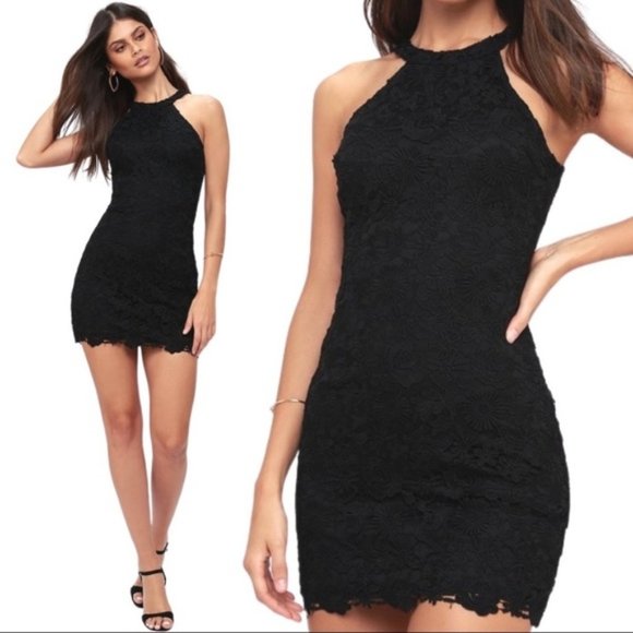 Lulus Dresses & Skirts - Lulus Black Lace High Neck Halter Mini Dress M
